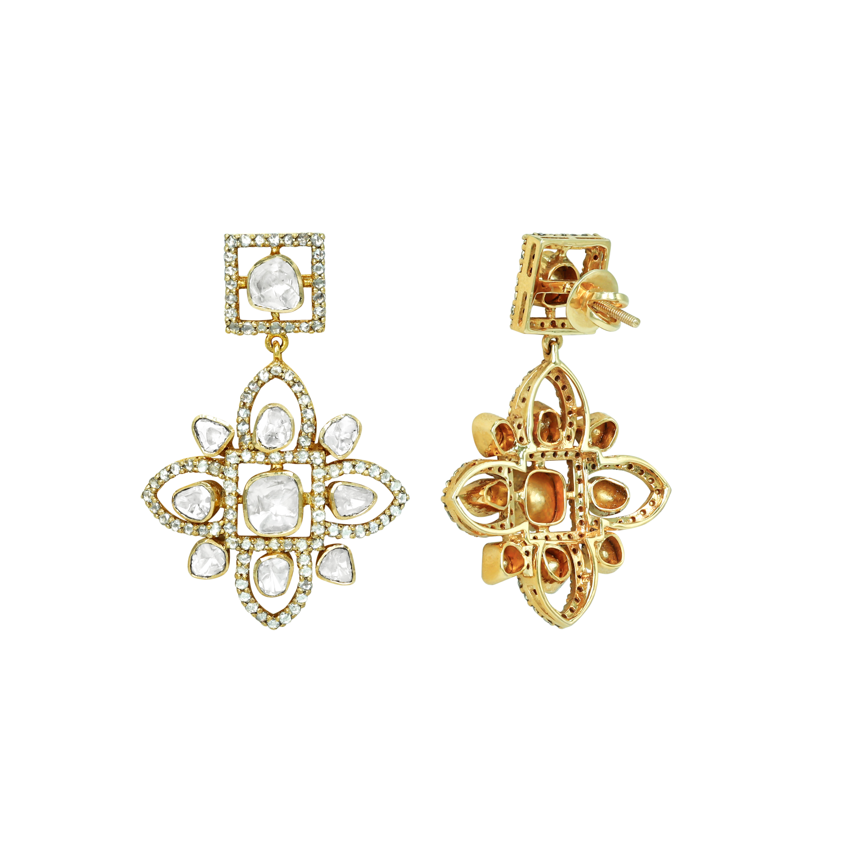 Floral Polki Earrings with Geometric Frames and Diamond Border